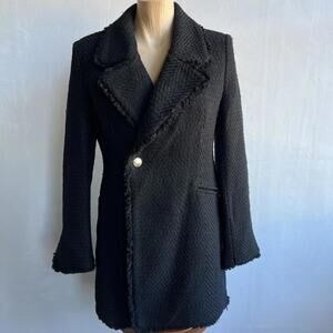 Brand New Zara Women Black Textured Tweed Blazer Coat M Medium Fringe Trim Fall